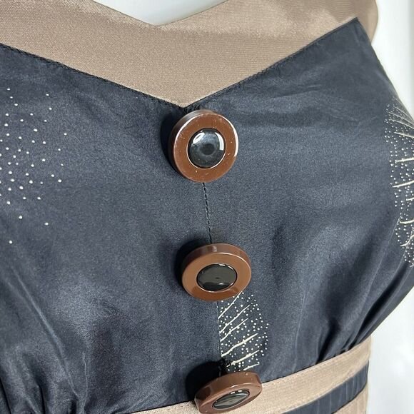 Anthropologie Burlapp Sz 2 Fit Flare 100% Silk Smocked Back Dress Black Beige - Picture 7 of 7